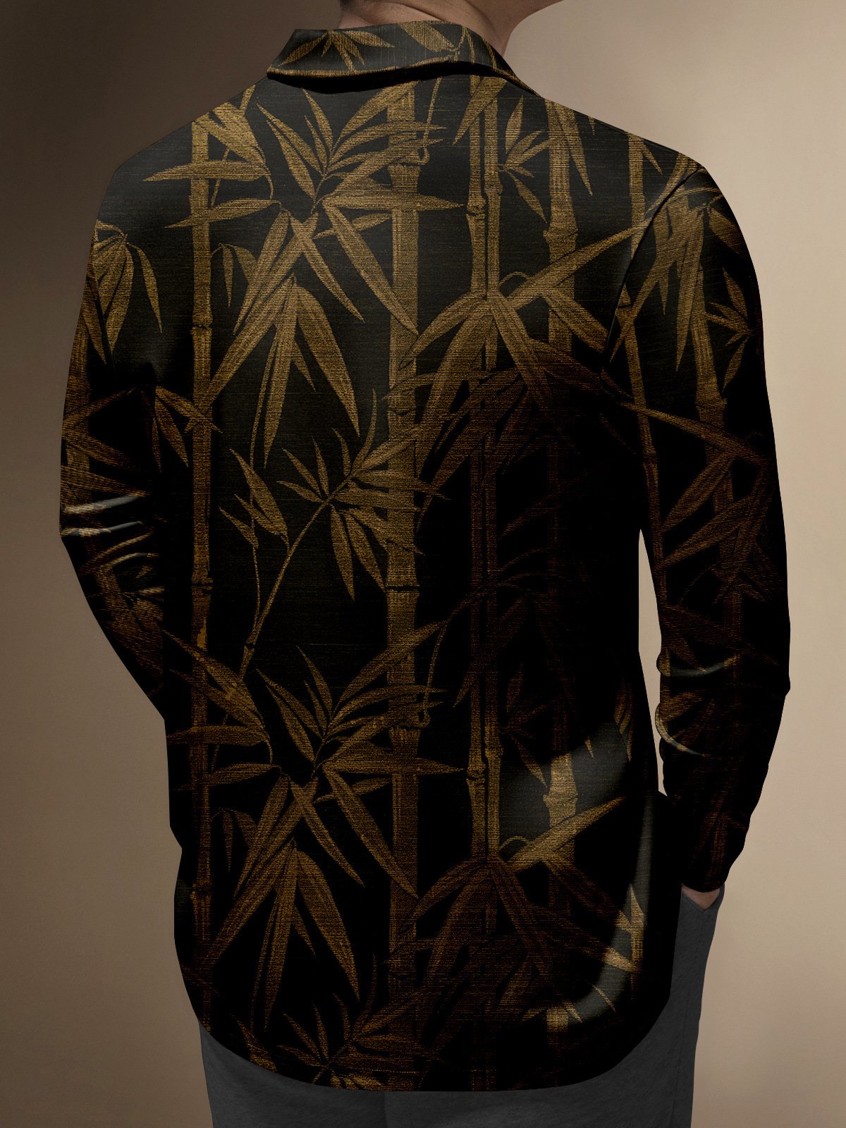 Japanese Culture Black Gold Bamboo Zipper Long Sleeves Casual Polo Shirt