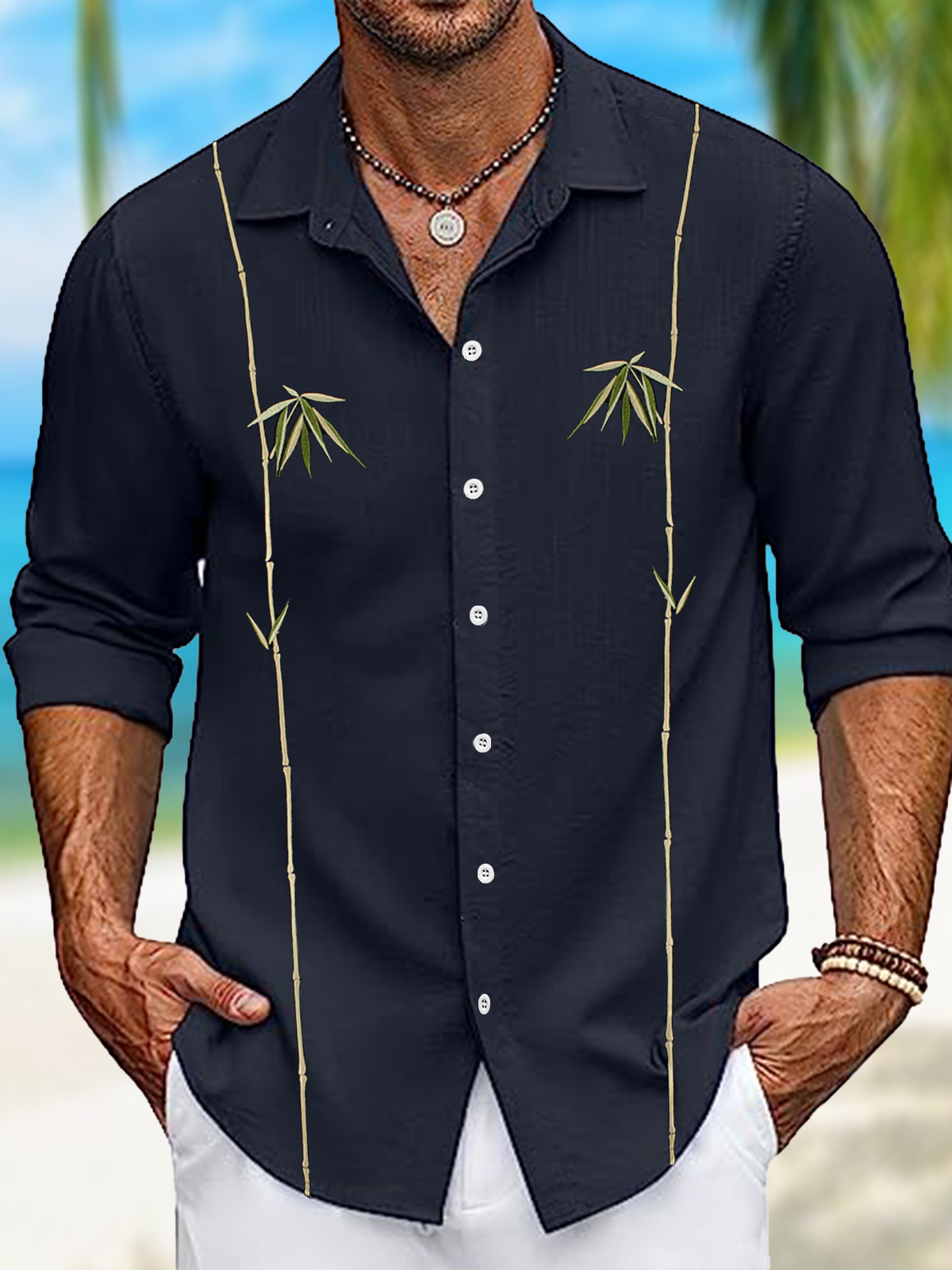 Cotton Bamboo Embroidered Long Sleeve Casual Shirt