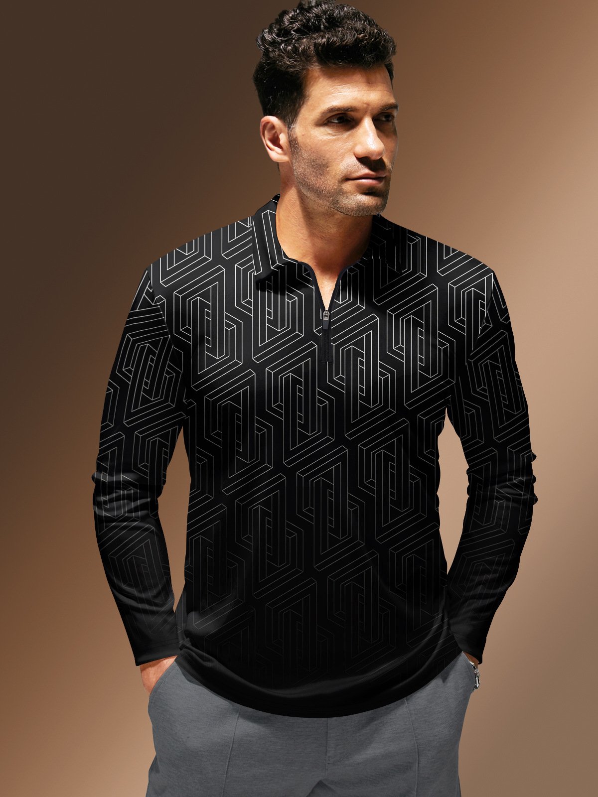 Geometric Zipper Long Sleeves Casual Polo Shirt