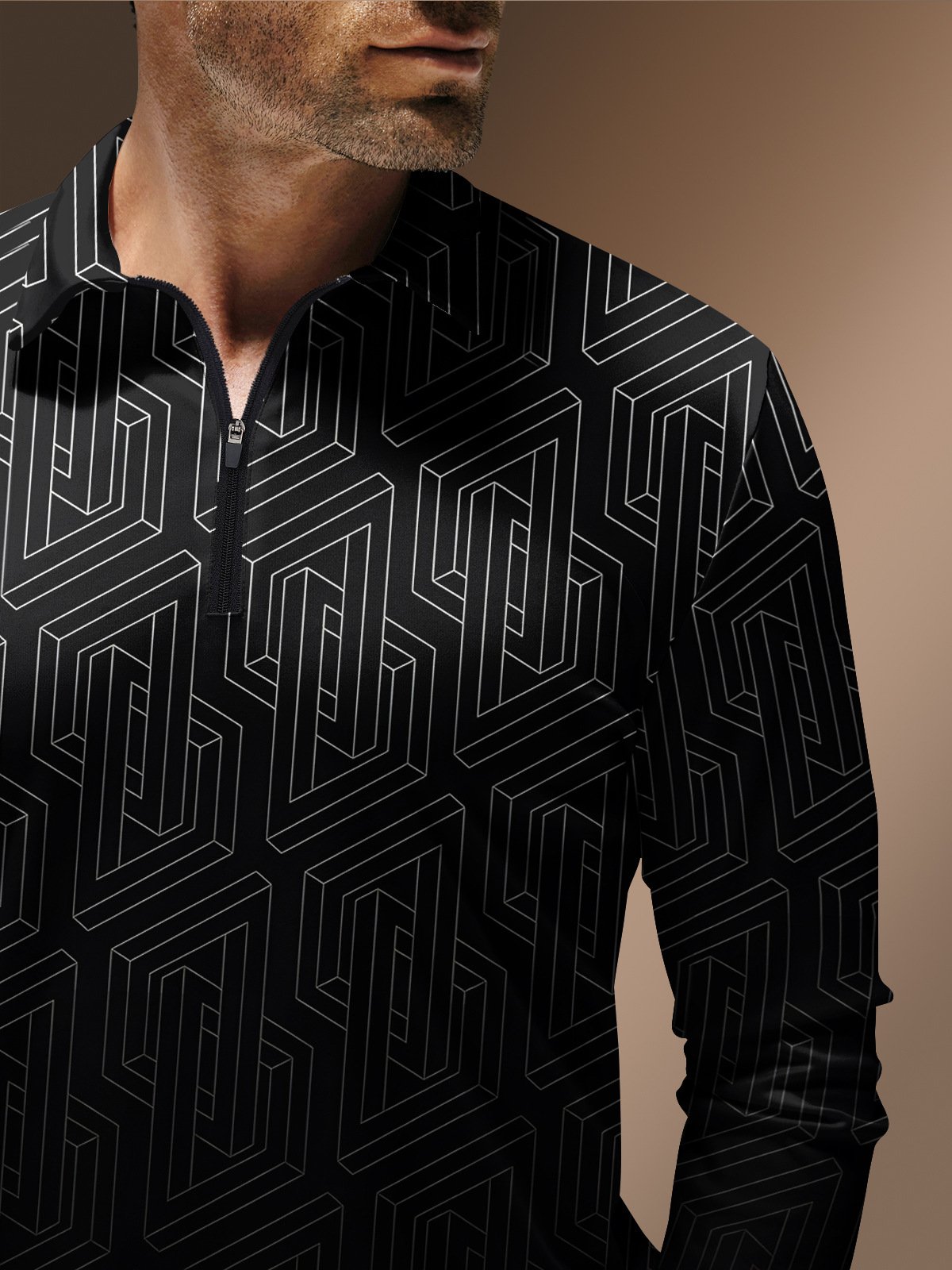 Geometric Zipper Long Sleeves Casual Polo Shirt