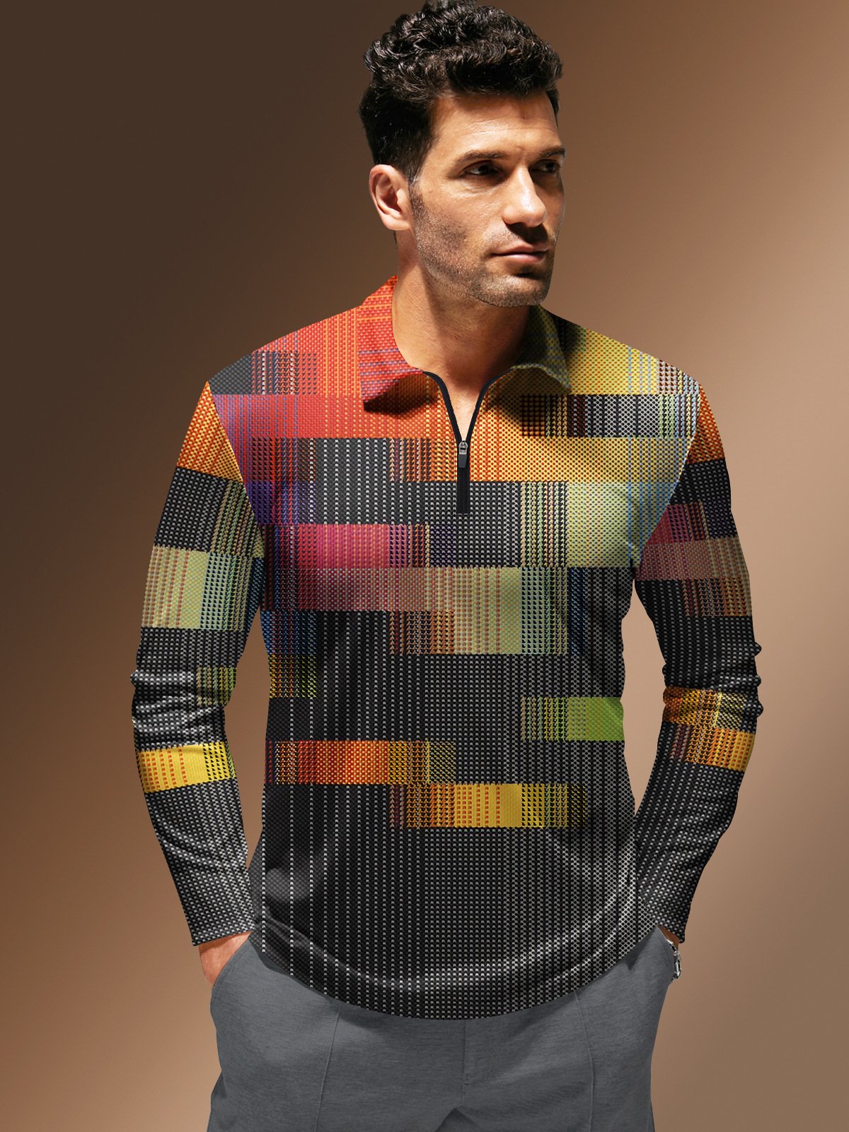 Irregular Geometric Zipper Long Sleeves Casual Polo Shirt