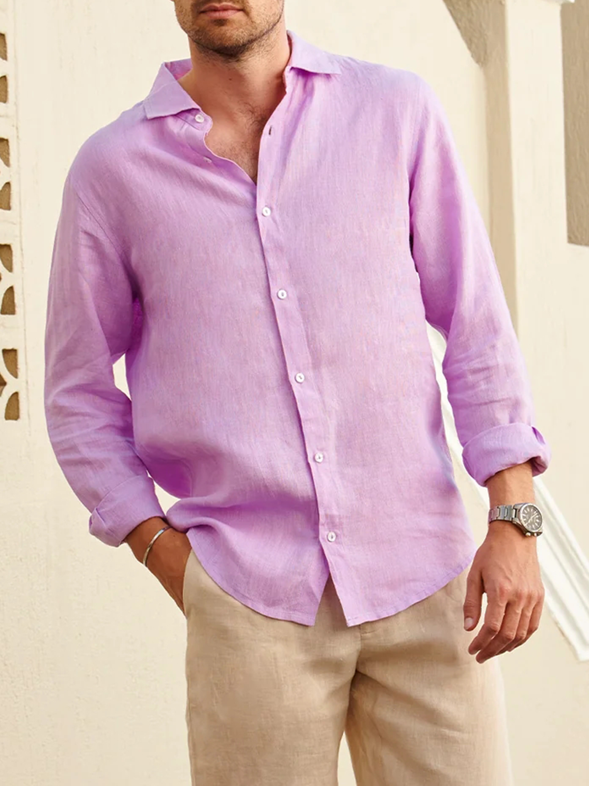 Cotton Contrast Color Long Sleeve Casual Shirt
