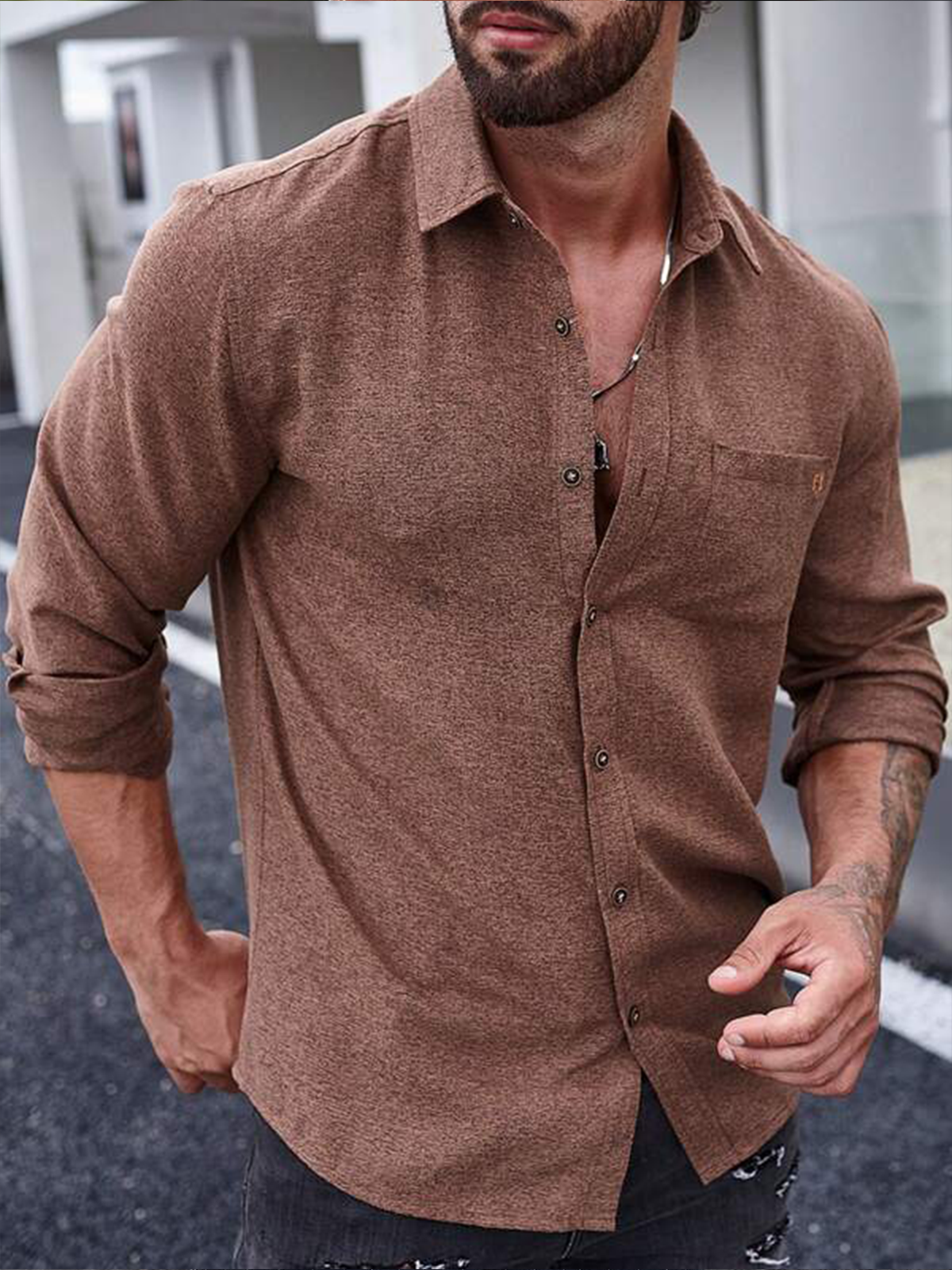 Cotton Plain Chest Pocket Long Sleeve Casual Shirt