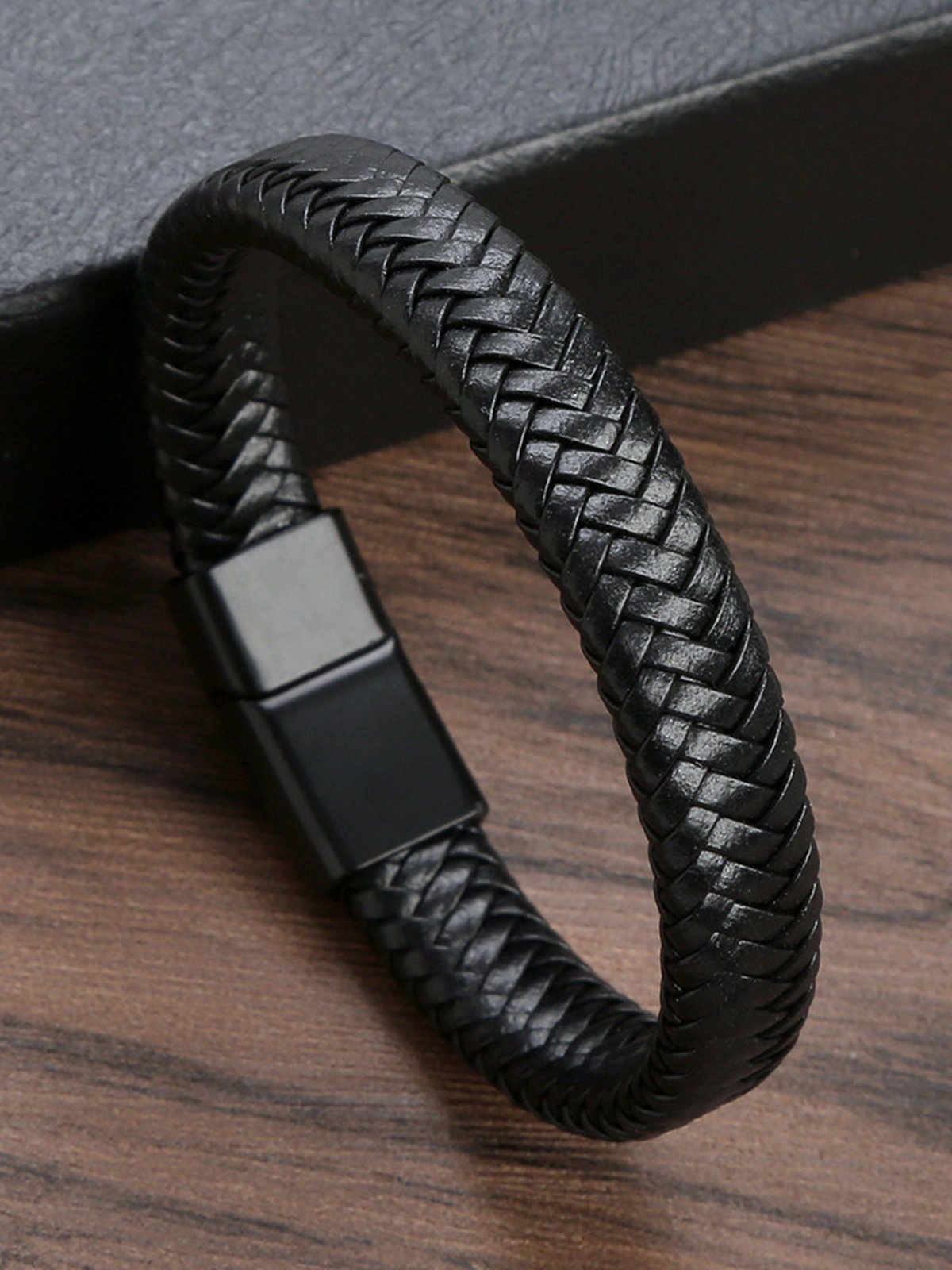 Black Handwoven Leather Cord Magnetic Bracelet