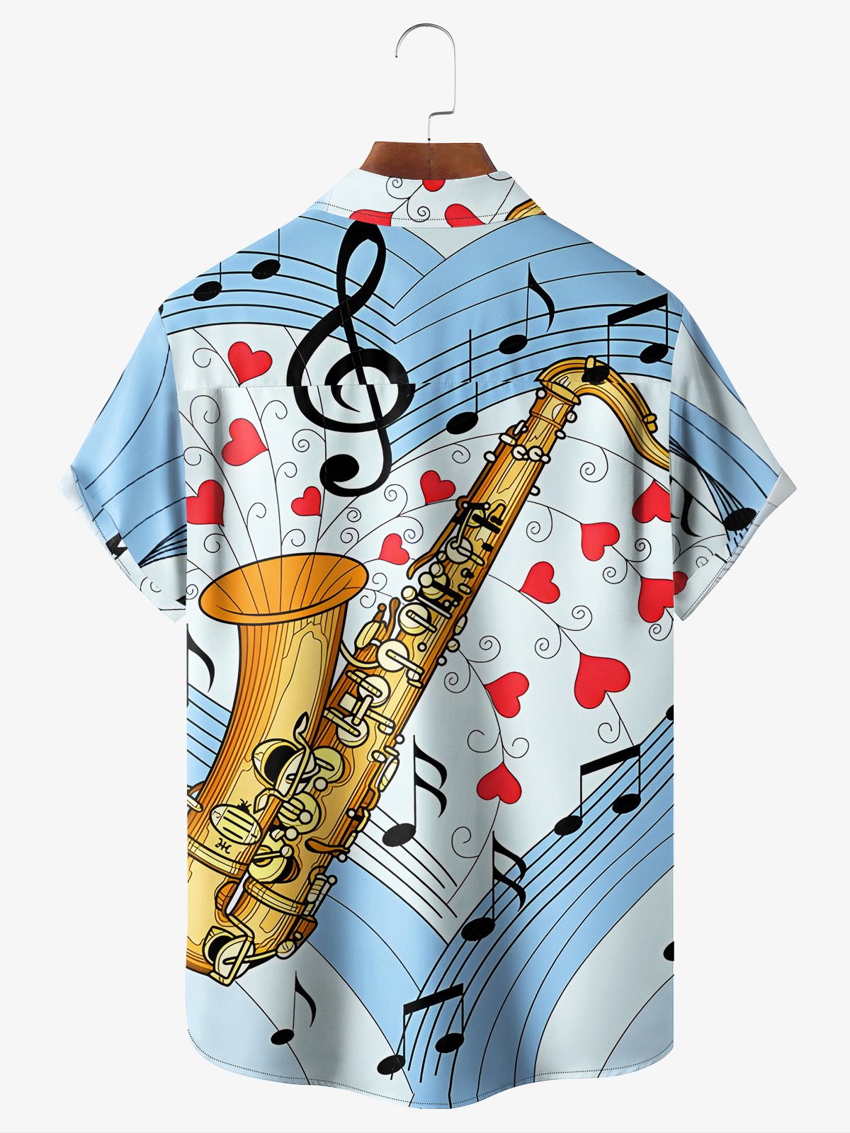 Music Saxophone Chest Pocket Short Sleeve Casual Shirt
