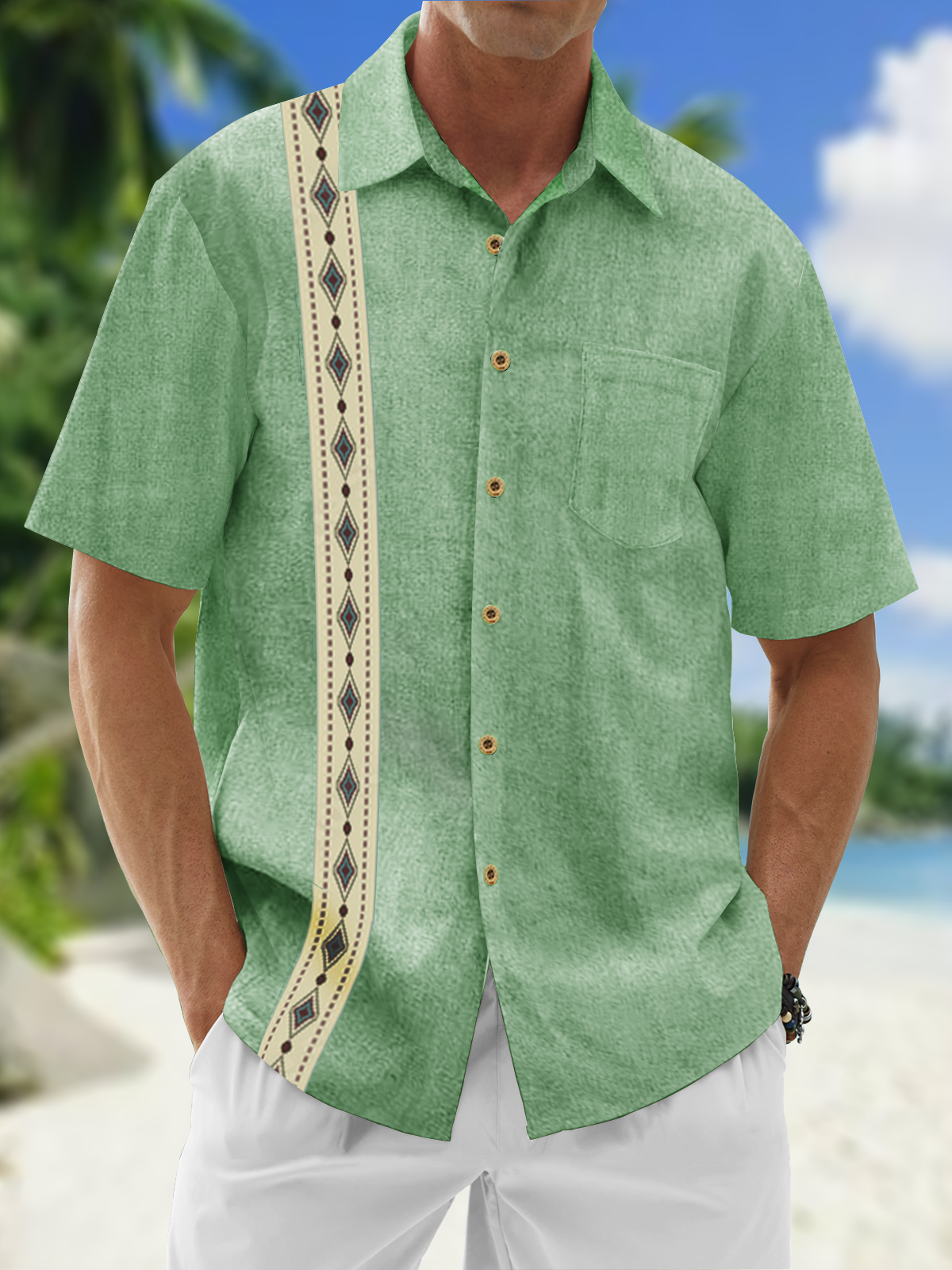 Cotton Striped Chest Pocket Short Sleeve Guayabera Shirt