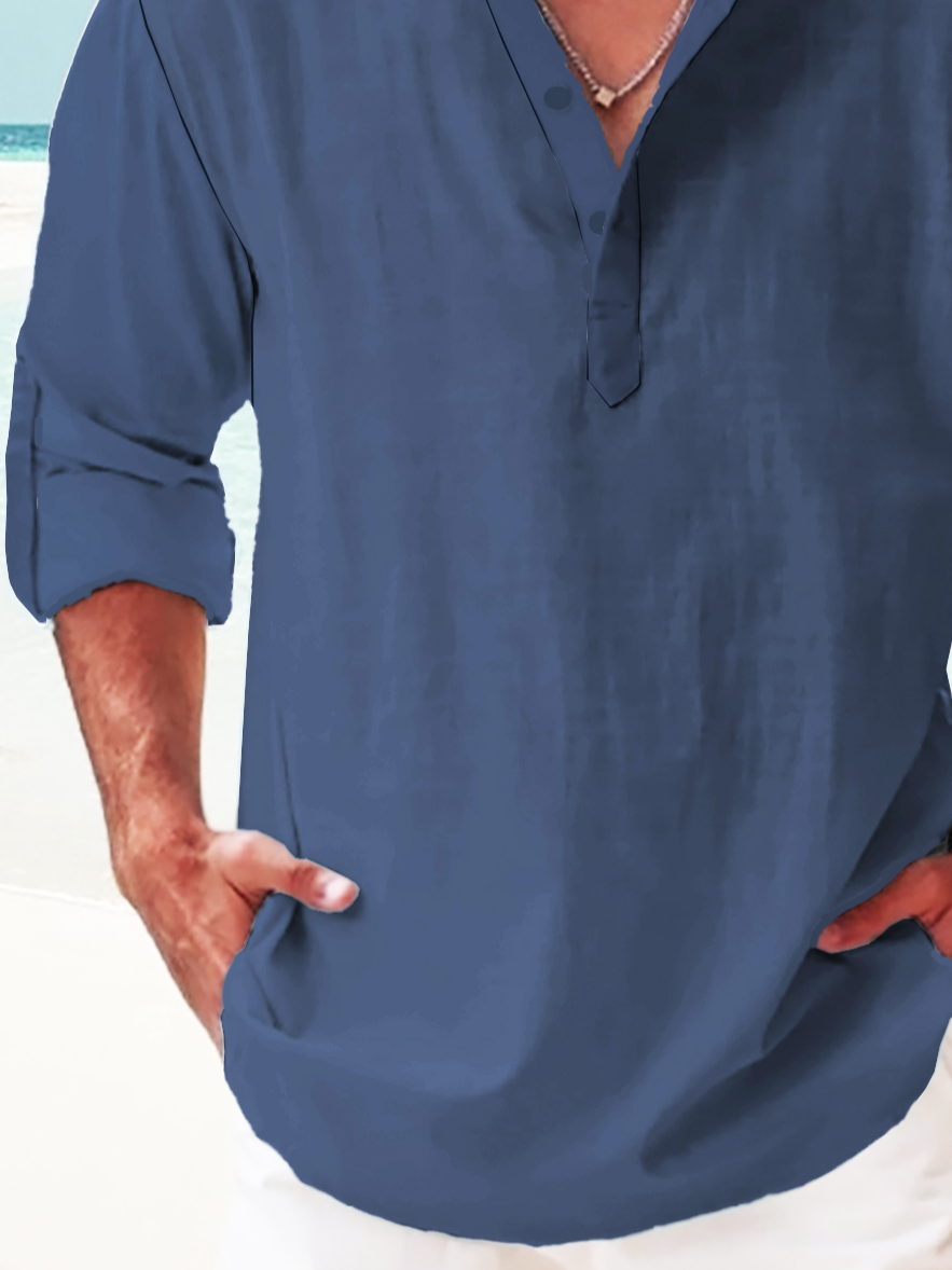 Cotton Plain Rolled-up Sleeves Henley Shirt