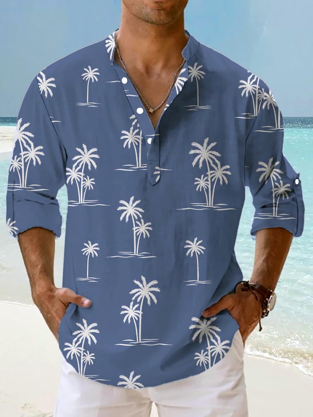 Breathable Coconut Tree Rolled-up Sleeves Henley Shirt | hawalili