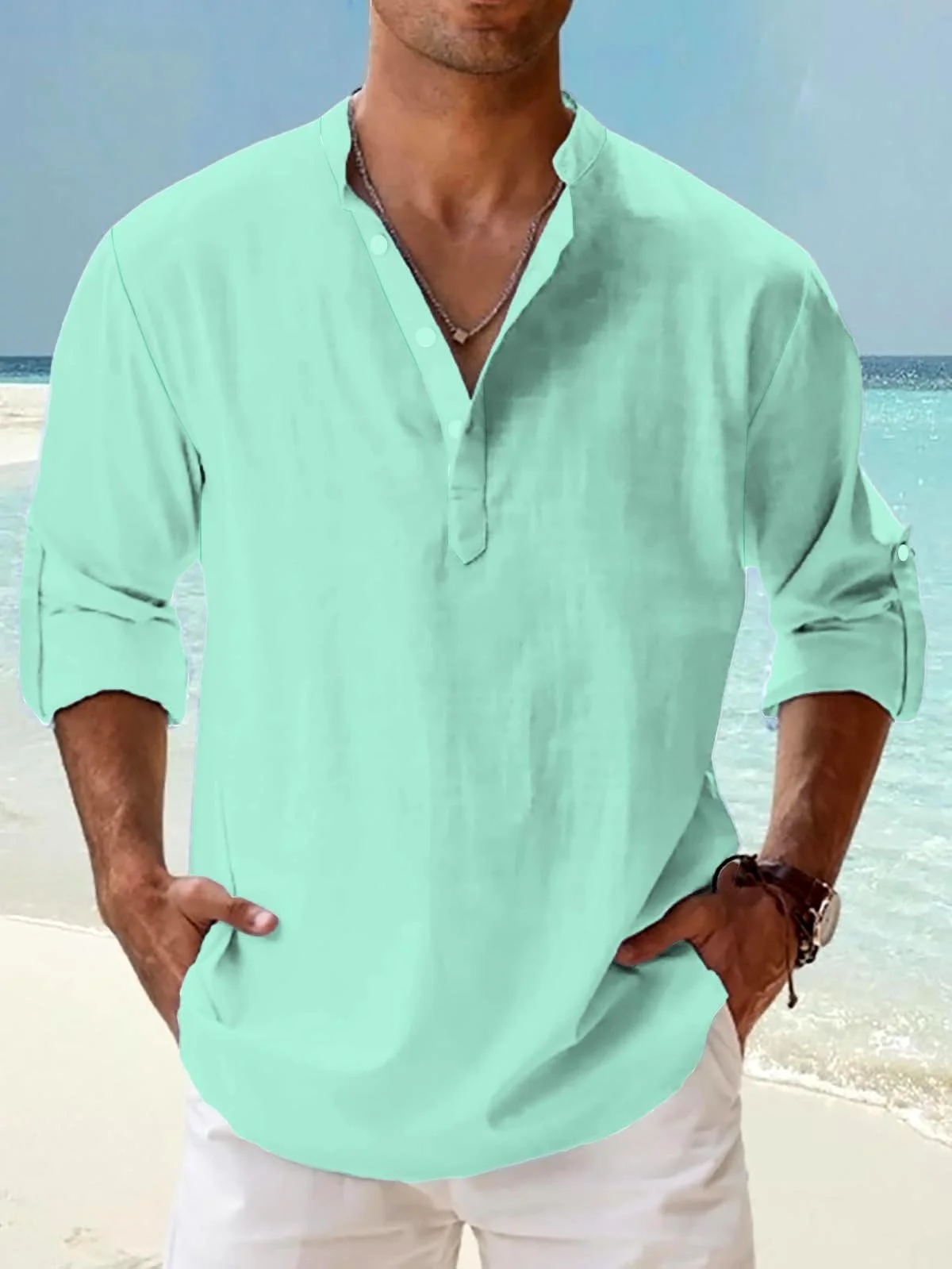 Cotton Plain Rolled-up Sleeves Henley Shirt