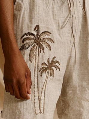 Cotton Plain Embroidered Coconut Tree Bermuda Shorts