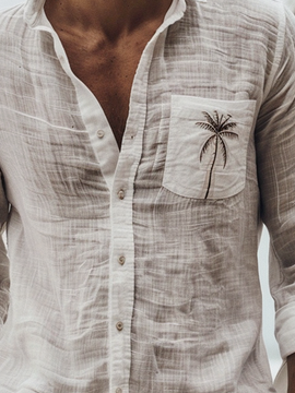 Cotton Solid Coconut Tree Long Sleeve Casual Shirt