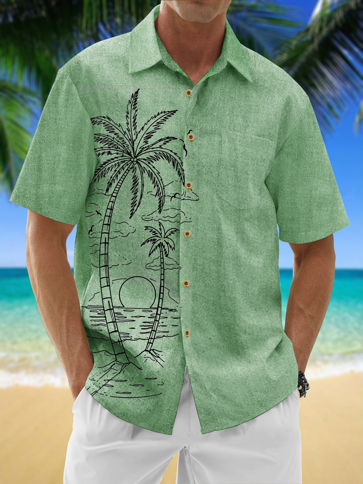 Moisture Wicking Coconut Tree Chest Pocket Hawaiian Shirt