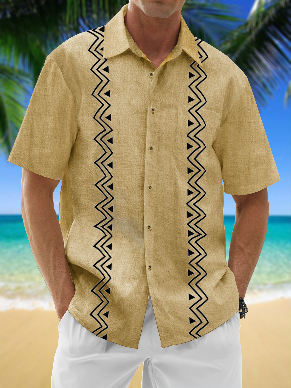 Moisture Wicking Striped Chest Pocket Guayabera Shirt