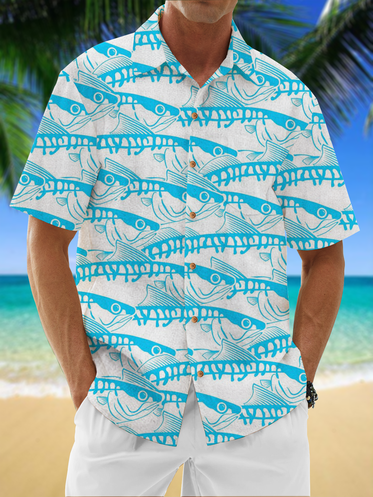 Moisture Wicking Fish Chest Pocket Hawaiian Shirt