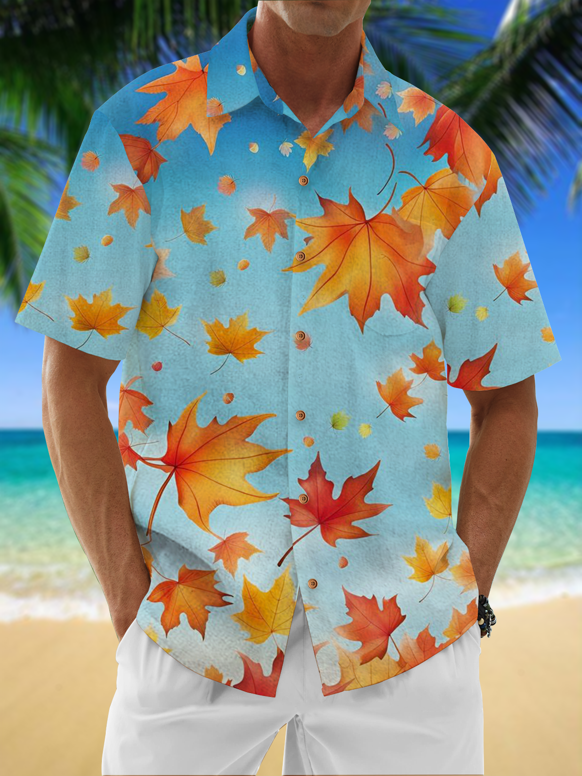 Moisture Wicking Thanksgiving Maple Leaf Chest Pocket Hawaiian Shirt