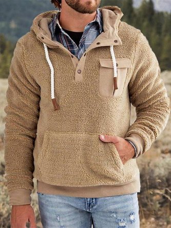 Khaki Pockets Casual Hoodie Polar Fleece Sweatshirt