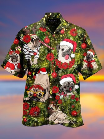 Mens Pug Dog Christmas Print Loose Short Sleeve Shirt