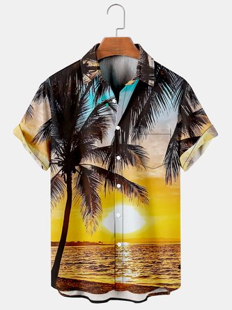 Vacation Leisure Plant Elements Coconut Tree Pattern Hawaiian Style Printed Shirt Top