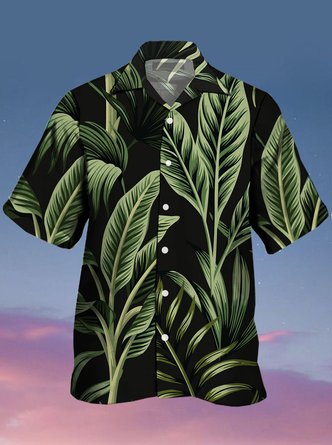 Mens Tropical Leaves Print Hydrocool Fabric Quick Dry Casual Breathable Short Sleeve Shirt