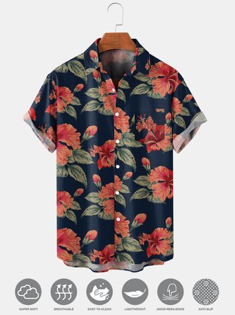 Mens Tropical Floral Print Casual Hydrocool Fabric Breathable Chest Pocket Short Sleeve Shirt