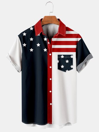 Mens American Flag Print Lapel Loose Chest Pocket Short Sleeve Funky Hawaiian Shirts