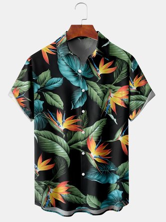 Mens Hawaiian Tropical Leaves Print Lapel Loose Chest Pocket Short Sleeve Funky Aloha Shirts