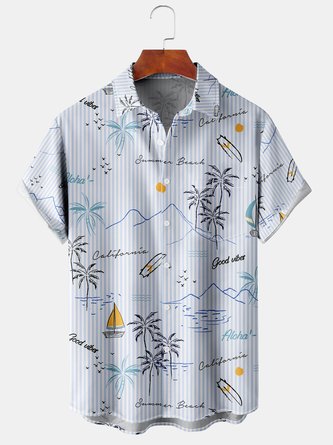 Mens Classic Coconut Tree Print Lapel Chest Pocket Short Sleeve Hawaiian Shirts