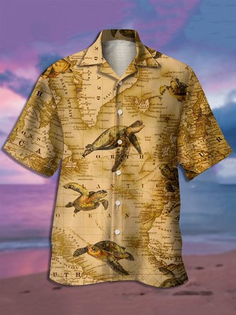 Turtle Map Graphic Men's Casual Short Sleeve Hawaiian Shirt