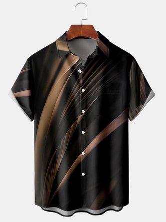 Men's Black Gold 3D Geometric Line Print Casual Breathable Pocket Short Sleeve Shirt