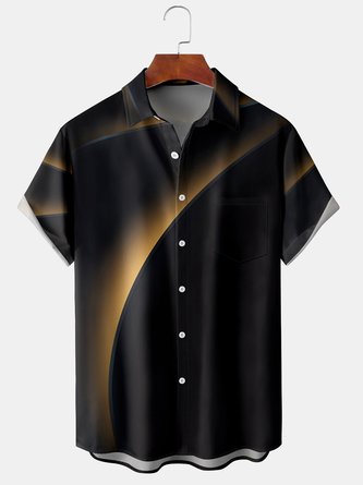 Men's Simple Line Print Casual Fabric Fashion Lapel Pocket Short Sleeve Shirt