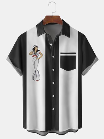 Men's Sailor Figure Graphic Print Short Sleeve Shirt