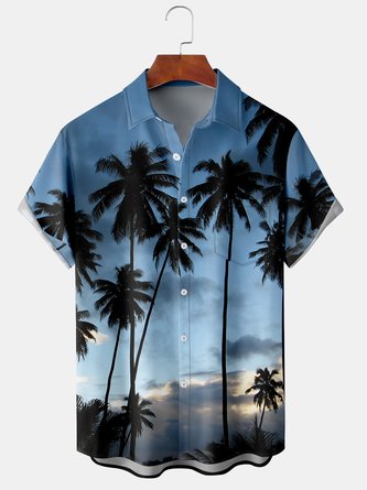 Mens Hawaii Gradient Coconut Tree Lapel Short Sleeve Shirt Chest Pocket Holiday Style Printed Top