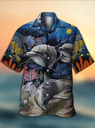 Men's Ocean Fish Print Casual Fabric Hawaiian Collar Short Sleeve Shirt