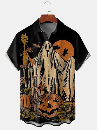 Men's Halloween Ghost Print Short Sleeve Hawaiian Shirt with Chest Pocket