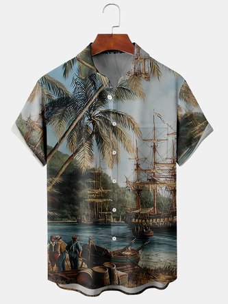 Men's Coconut Print Short Sleeve Hawaiian Shirt with Chest Pocket