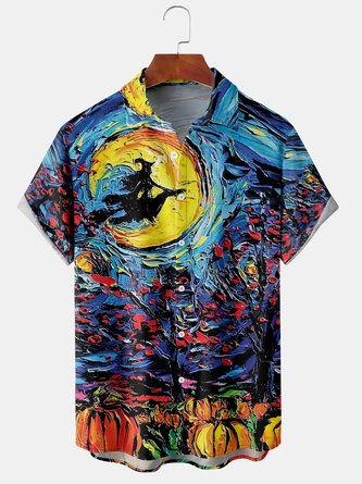 Mens Halloween Painting Print Front Buttons Soft Breathable Chest Pocket Casual Hawaiian Shirt