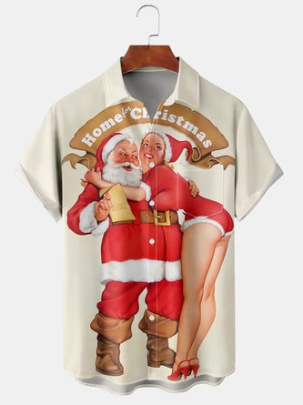Men's New Ladies and Santa Print Casual Breathable Hawaiian Short Sleeve Shirt