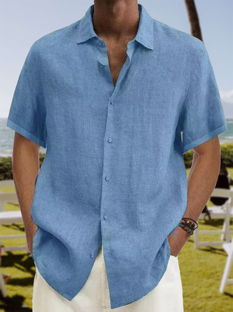Mens Cotton Linen Solid Short Sleeve Shirt Casual Basic Versatile Top