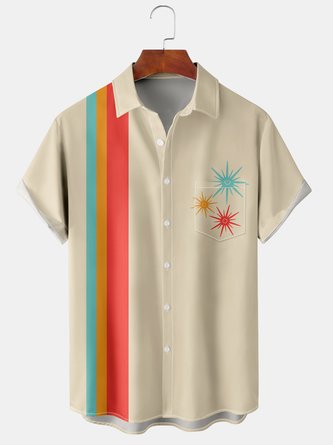 Casual Art Collection Mid-Century Retro Geometric Stripe Color Block Pattern Lapel Short Sleeve Shirt Print Top