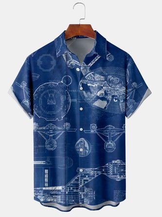 Men's Line Art Spacecraft Print Casual Breathable Hawaiian Short Sleeve Shirt