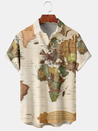 Mens Casual map Print Front Buttons Soft Breathable Chest Pocket Casual Hawaiian Shirts