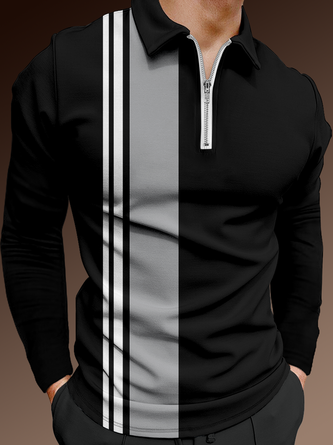 Mens Casual Geometric Stripes Lapel Long Sleeve Polo Shirt 