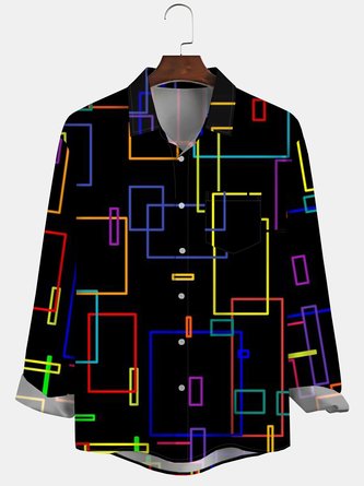 Men's Geometric Art Casual Long Sleeve Hawaiian Shirt with Chest Pocket
