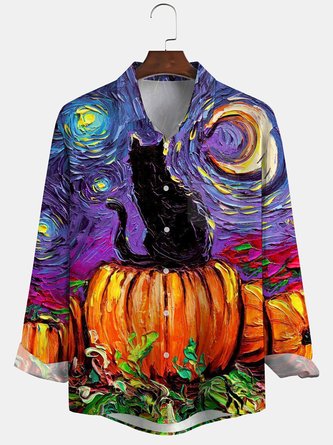 Men's Halloween Print Anti-Wrinkle Moisture Wicking Fabric Fashion Hawaiian Lapel Long Sleeve Shirt