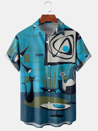 Mens Mid Century Print Front Buttons Soft Breathable Chest Pocket Casual Hawaiian Shirt
