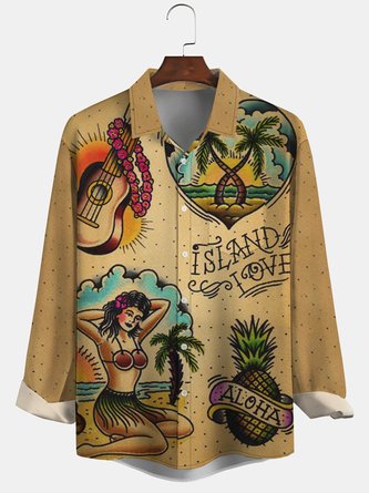 Men's Hawaiian Coconut Tree and Hula Beauty Print Casual Breathable Long Sleeve Shirt
