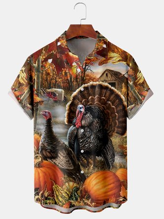 Mens Thanksgiving Turkey Print Casual Short Sleeve Shirt Hawaiian Shirt with Pocket