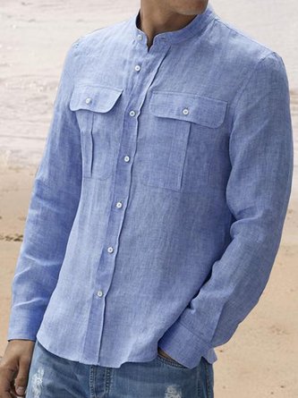 Cotton and Linen Plain Color Tooling Pocket Long Sleeve Shirt