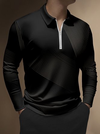 Casual Art Collection 3D Gradient Black Gold Striped Geometric Pattern Lapel Zip Long Sleeve Printed Polo Shirt