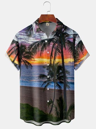Mens Sunset Coconut Tree Print Front Buttons Soft Breathable Chest Pocket Casual Hawaiian Shirts